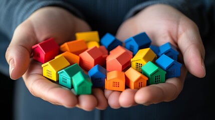 Colorful Houses Held In Hands. Real Estate Market Concept, Mortgage, And Home Ownership.