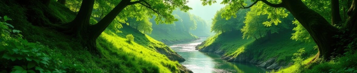 Sunlight filters through lush green foliage above the winding river in a secluded green valley, seclusion, green, branches