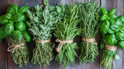 Naklejka premium Fragrant Herb Bundles: Rosemary, Thyme, and Basil Tied with Twine 1