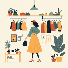 A flat 2D vector of a woman shopping for clothes in a boutique