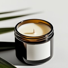 close view detail glass soy candle mockup with screw on top open candle 8oz with blank white label like printify soy candle on the table commercial proffesional ads glamour photograph professional.
