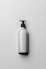 frosted pump bottle, cosmetic container with dispenser nozzle in the middle on white background with copy space.