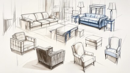Hand-Drawn Furniture Sketches: Sofas, Armchairs, & Side Tables - Artistic Layout