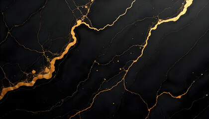 A black and gold wall with cracks and splatters of gold. The cracks and splatters give the wall a rough and rugged appearance, elegant gold marble