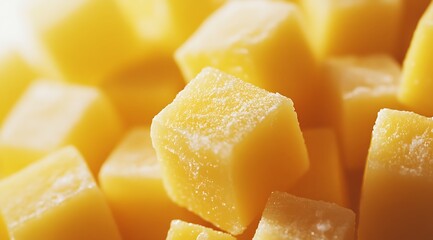 Fresh mango cubes close-up, capturing the vibrant yellow color and juicy texture