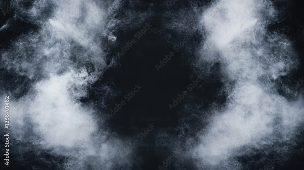 Poster abstract ethereal smoke wisps frame a void. translucent haze drifts in the darkness, creating depth