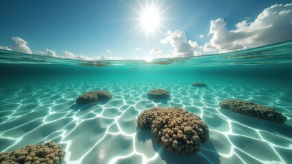 Fototapeta premium Split view of coral reef underwater and ocean surface with sunlight reflecting above 