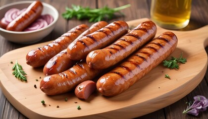 Grilled sausages on a wooden cutting board