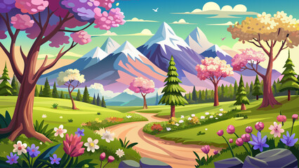 Fototapeta premium A watercolor spring landscape painting featuring trees, blooming flowers, a meadow, and mountains