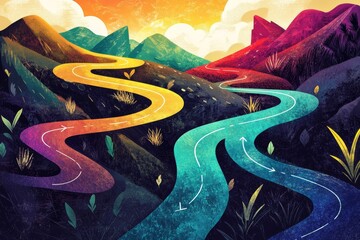 Pathway Divergence, a conceptual illustration depicting a forked path leading to contrasting landscapes, inviting exploration and choice.
