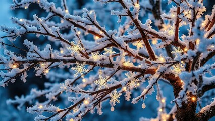 The enchanted tree's branches are adorned with delicate snowflakes, sparkling, frosty decorations, crystal
