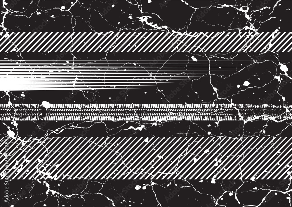 Aufkleber Glitch distorted grunge layer . Noise destroyed texture. Checkered race grunge flag . Overlay grunge texture .Distressed effect .Vector shapes with a speed lines and tire tracks screen print texture.
