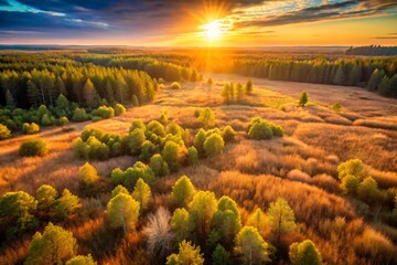 Naklejka premium Sunset over the trees, the view provides a detailed view of a large patch of wild grass.