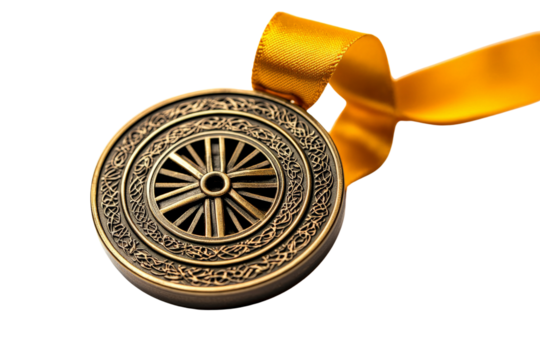 A detailed gold medal with a yellow ribbon, isolated on a transparent background, PNG file.