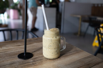 resh Banana Juice Served in a Glass Jar