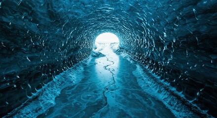 Exploring Stunning Blue Ice Cave Interior with Light at End of Tunnel