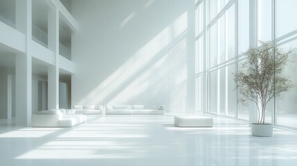 Obraz premium Bright and Minimalist White Room Featuring a Lush Green Tree at Its Center Creating a Harmonious Blend of Nature and Modern Design Evoking Tranquility and Freshness in Interior Space