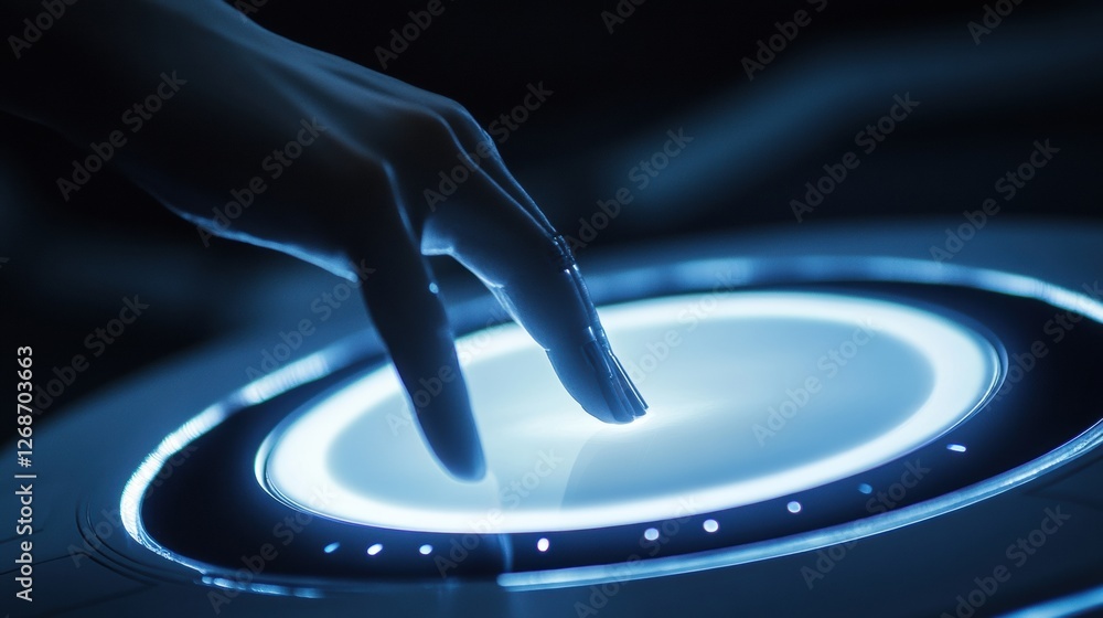 Aufkleber Robotic hand reaches towards a glowing virtual button in a darkened environment. Generative AI