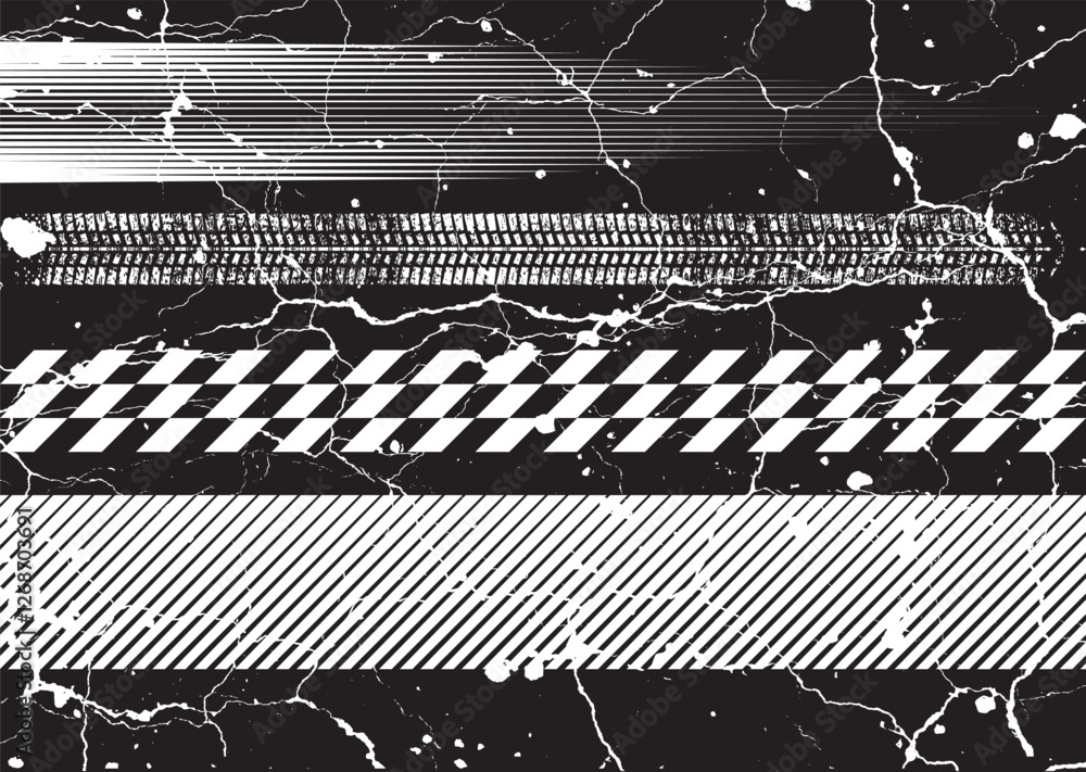 Poster Glitch distorted grunge layer . Noise destroyed texture. Checkered race grunge flag . Overlay grunge texture .Distressed effect .Vector shapes with a speed lines and tire tracks screen print texture.