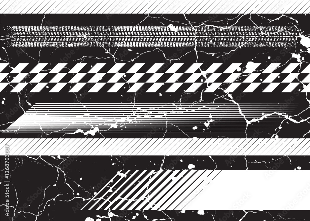 Aufkleber Glitch distorted grunge layer . Noise destroyed texture. Checkered race grunge flag . Overlay grunge texture .Distressed effect .Vector shapes with a speed lines and tire tracks screen print texture.