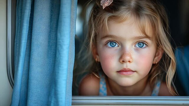 A little girl with sparkling blue eyes leans out of her caravan, playfully puckering her lips while sharing a joyful moment with her father. The soft light enhances their warm connection.