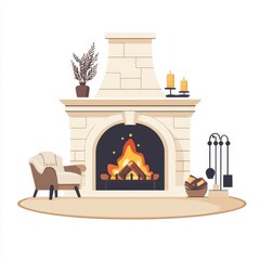 Cozy fireplace interior design, inviting warmth, stylish decor, flat vector art, enhancing home ambiance, perfect for relaxation and gatherings