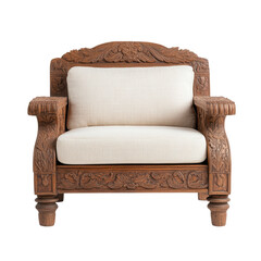 Ornate Carved Wooden Armchair with Intricate Floral Patterns and Light Upholstery in Classic Design