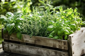 Naklejka premium Wooden crate with a variety of fresh green potted culinary herbs growing outdoors in a backyard garden