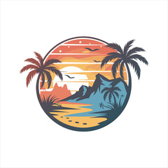 Tropical Sunset Beach Landscape with Palm Trees and Mountains Retro Vintage Vector
