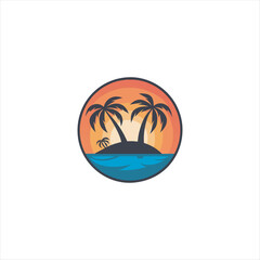 Tropical Sunset Beach Landscape with Palm Trees and Mountains Retro Vintage Vector