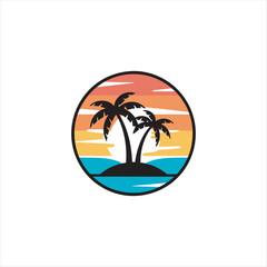 Tropical Sunset Beach Landscape with Palm Trees and Mountains Retro Vintage Vector