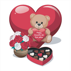 Cute Teddy Bear with Heart and Chocolate Box Valentine’s Day Vector Illustration