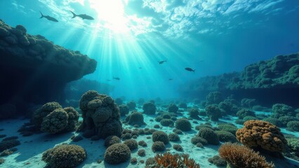 Naklejka premium Underwater view of a vibrant coral reef with sunlight rays filtering through ocean 