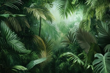 A tropical jungle scene where coniferous trees are mingled with palm trees, creating a unique ecosystem. 