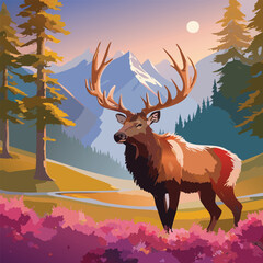 Elk of the Wild in a Breathtaking Scenery, vector illustration