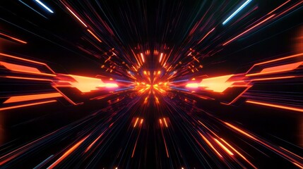 Abstract Neon Tunnel Orange and Blue Light Streaks, Digital Art, Speed Concept Cyberpunk, Sci-fi