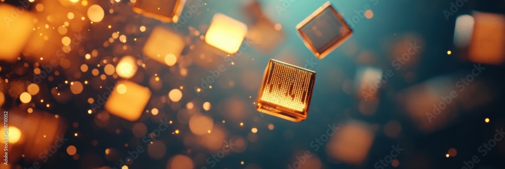 Poster floating golden cubes with electronic circuits illuminated by soft blue light in a high tech environ