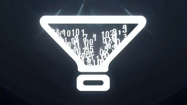 An animated representation data featuring white line animation digital funnel icon depicting falling filtering digits computer science analysis olated dark background alpha channel transition effects