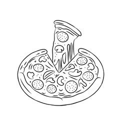 Vector illustration of pizza isolated on white background. Line art.