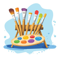 A set of paintbrushes and a vibrant palette of mixed colors.