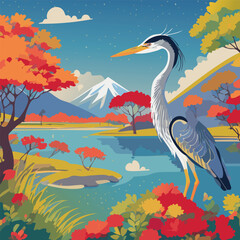 Heron of the Wild in a Breathtaking Scenery, vector illustration