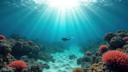 Fototapeta premium Split view of coral reef underwater and rocky desert coastline above clear blue water 