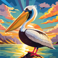 Pelican of the Wild in a Breathtaking Scenery, vector illustration