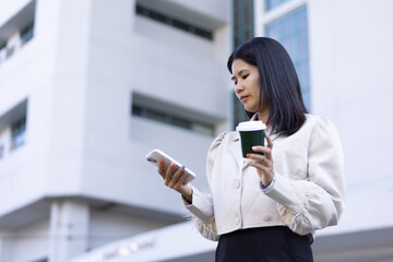 Future remote work combines technology smart phone connection online white digital business woman...