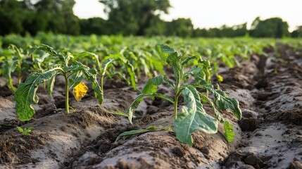 Vegetable plants wilting with yellowing leaves due to fusarium, wilt disease