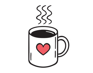 Mug of hot drink with cute doodle heart isolated hand drawn icon. Outline drawing cup with hot coffee or tea line clipart symbol