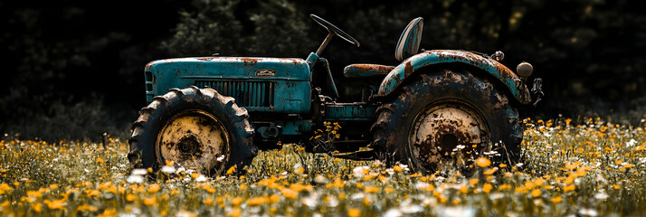 Naklejka premium Rusty Tractor in Wildflowers - Realistic Image