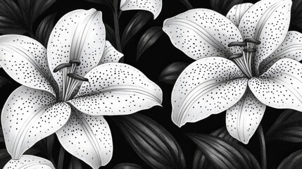 Seamless Floral Pattern Featuring White Lilies on a Dark Background in an Engraving Style