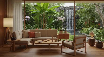 Obraz premium Living Room Interior with Waterfall View and Natural Light Ambiance