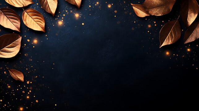 Golden leaves on dark background with glitter